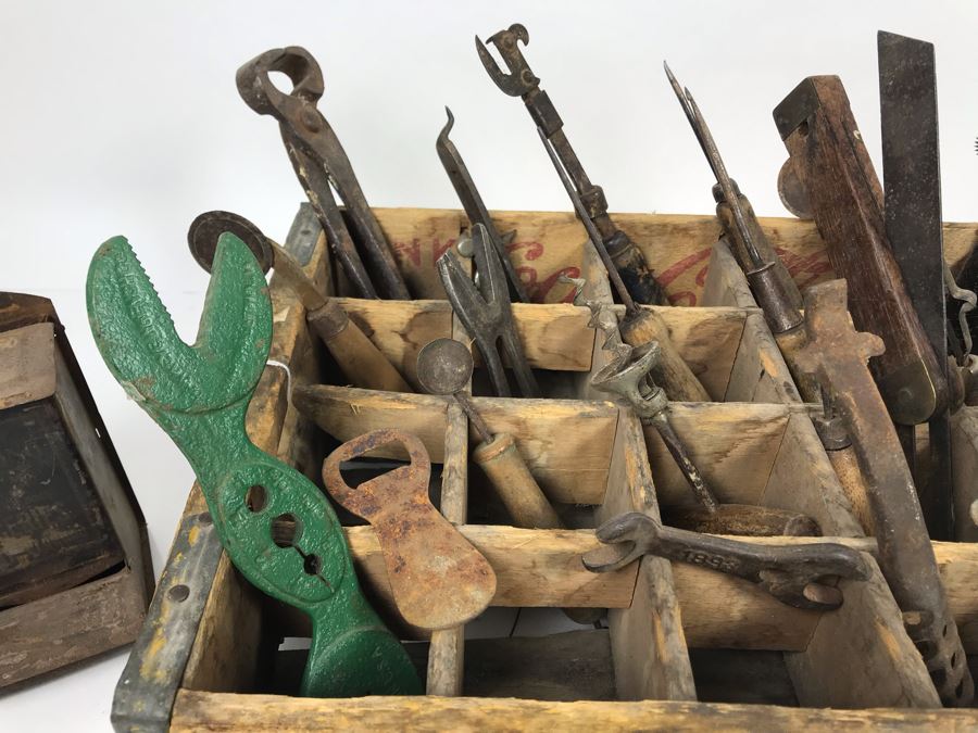 Vintage Coca-Cola Bottle Carrying Crate Filled With Various Vintage Tools, Pair Of Metal Match Box Holders, Pair Of Hand Wrought Cowbells - See Photos [Photo 4]