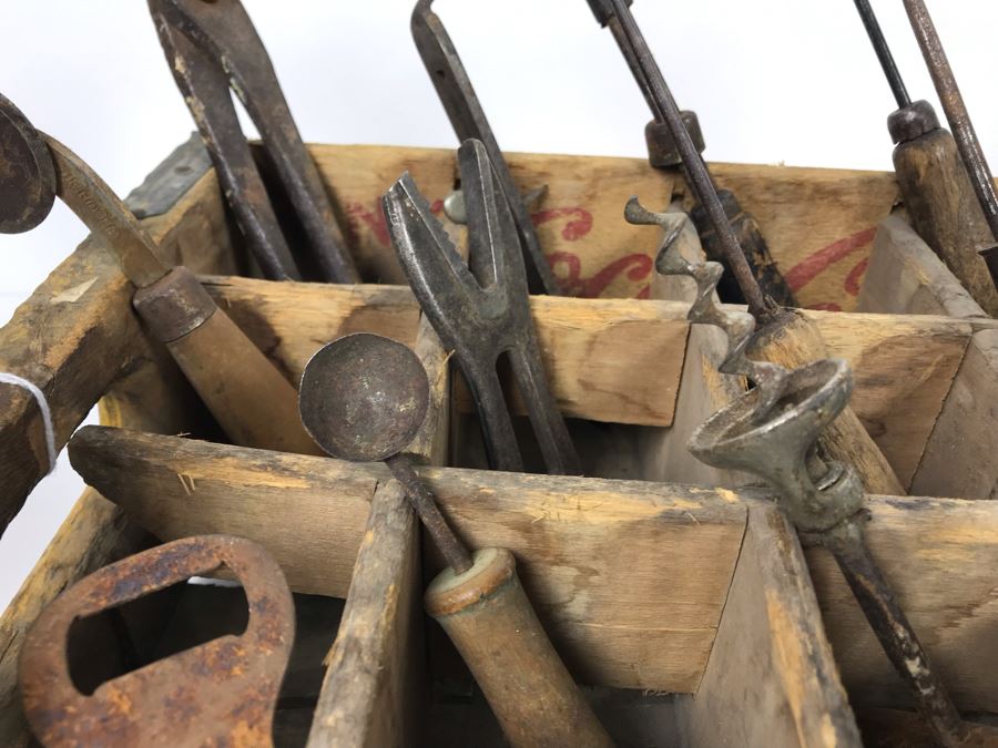 Vintage Coca-Cola Bottle Carrying Crate Filled With Various Vintage Tools, Pair Of Metal Match Box Holders, Pair Of Hand Wrought Cowbells - See Photos [Photo 30]