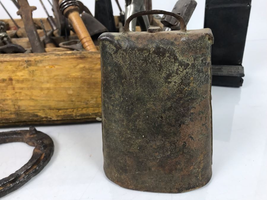 Vintage Coca-Cola Bottle Carrying Crate Filled With Various Vintage Tools, Pair Of Metal Match Box Holders, Pair Of Hand Wrought Cowbells - See Photos [Photo 10]
