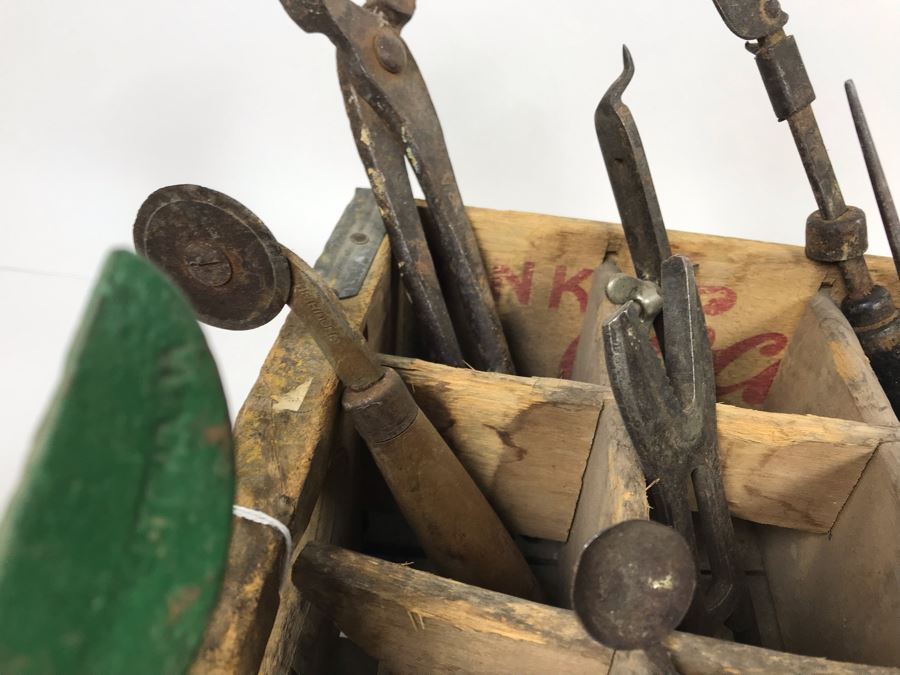 Vintage Coca-Cola Bottle Carrying Crate Filled With Various Vintage Tools, Pair Of Metal Match Box Holders, Pair Of Hand Wrought Cowbells - See Photos [Photo 29]