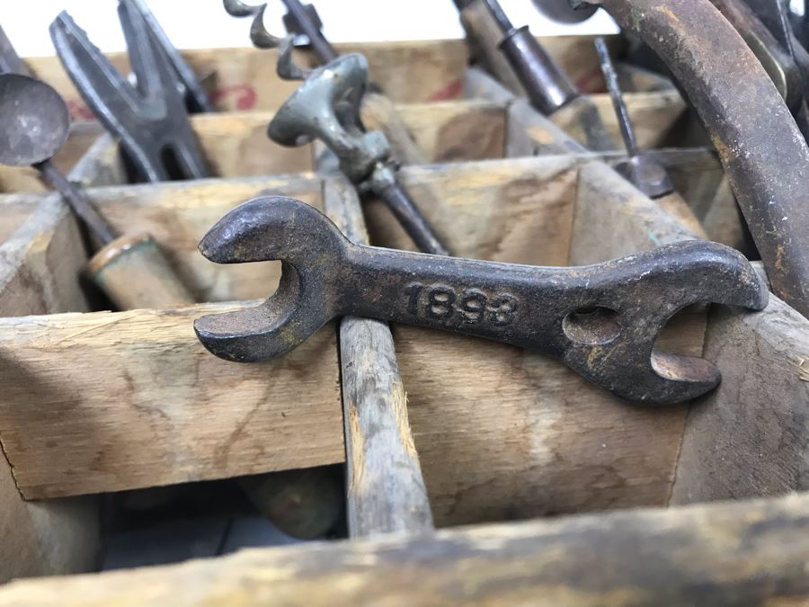 Vintage Coca-Cola Bottle Carrying Crate Filled With Various Vintage Tools, Pair Of Metal Match Box Holders, Pair Of Hand Wrought Cowbells - See Photos [Photo 15]