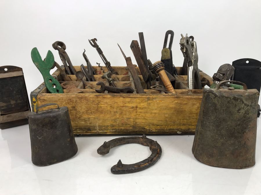 Vintage Coca-Cola Bottle Carrying Crate Filled With Various Vintage Tools, Pair Of Metal Match Box Holders, Pair Of Hand Wrought Cowbells - See Photos [Photo 2]