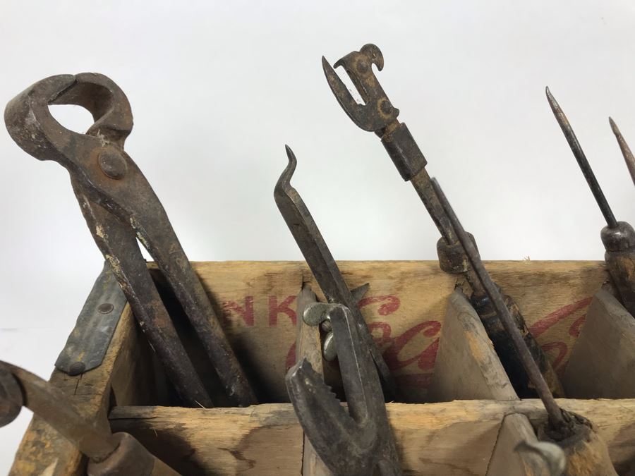 Vintage Coca-Cola Bottle Carrying Crate Filled With Various Vintage Tools, Pair Of Metal Match Box Holders, Pair Of Hand Wrought Cowbells - See Photos [Photo 27]