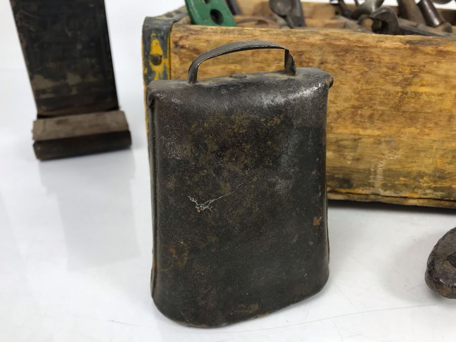 Vintage Coca-Cola Bottle Carrying Crate Filled With Various Vintage Tools, Pair Of Metal Match Box Holders, Pair Of Hand Wrought Cowbells - See Photos [Photo 8]