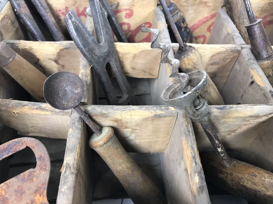 Vintage Coca-Cola Bottle Carrying Crate Filled With Various Vintage Tools, Pair Of Metal Match Box Holders, Pair Of Hand Wrought Cowbells - See Photos [Photo 21]