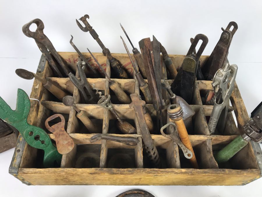 Vintage Coca-Cola Bottle Carrying Crate Filled With Various Vintage Tools, Pair Of Metal Match Box Holders, Pair Of Hand Wrought Cowbells - See Photos [Photo 7]