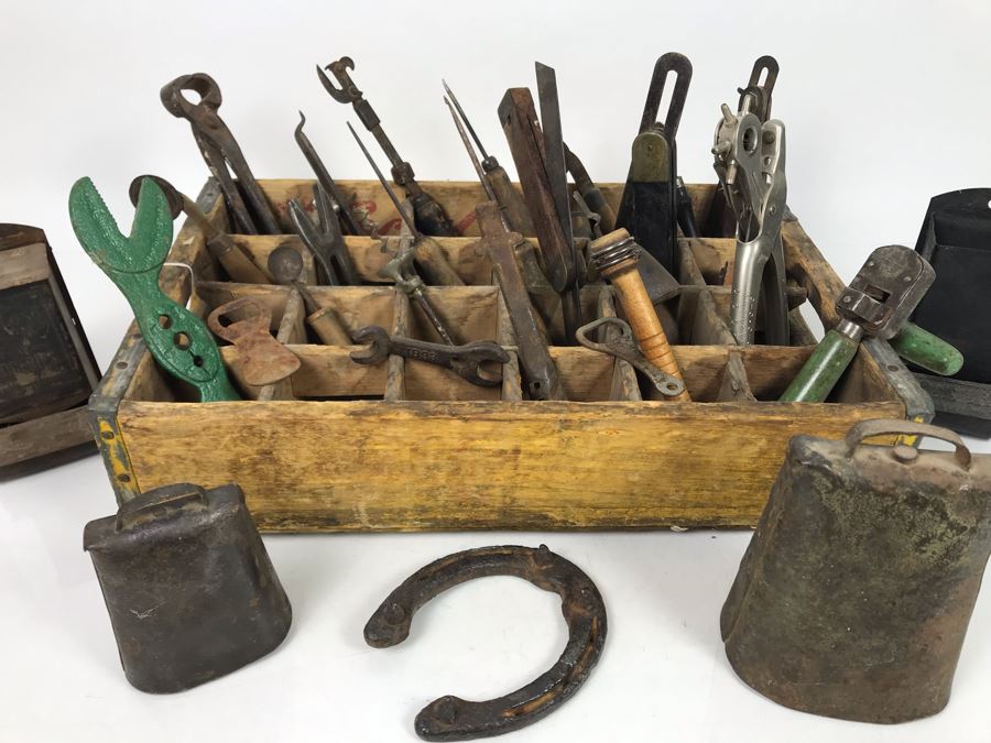 Vintage Coca-Cola Bottle Carrying Crate Filled With Various Vintage Tools, Pair Of Metal Match Box Holders, Pair Of Hand Wrought Cowbells - See Photos [Photo 3]