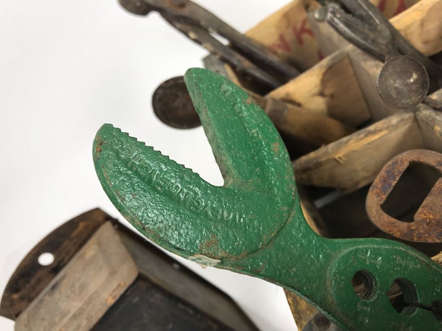 Vintage Coca-Cola Bottle Carrying Crate Filled With Various Vintage Tools, Pair Of Metal Match Box Holders, Pair Of Hand Wrought Cowbells - See Photos [Photo 20]