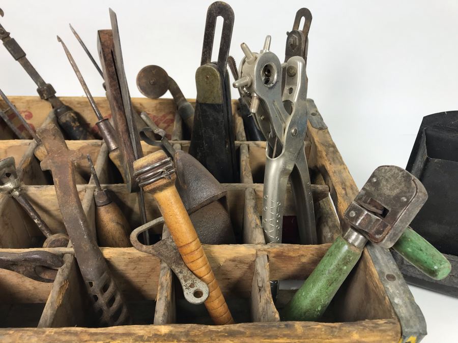 Vintage Coca-Cola Bottle Carrying Crate Filled With Various Vintage Tools, Pair Of Metal Match Box Holders, Pair Of Hand Wrought Cowbells - See Photos [Photo 6]
