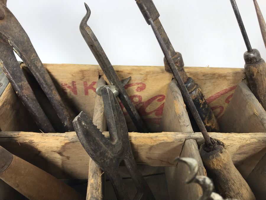 Vintage Coca-Cola Bottle Carrying Crate Filled With Various Vintage Tools, Pair Of Metal Match Box Holders, Pair Of Hand Wrought Cowbells - See Photos [Photo 14]