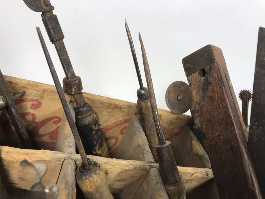 Vintage Coca-Cola Bottle Carrying Crate Filled With Various Vintage Tools, Pair Of Metal Match Box Holders, Pair Of Hand Wrought Cowbells - See Photos [Photo 26]