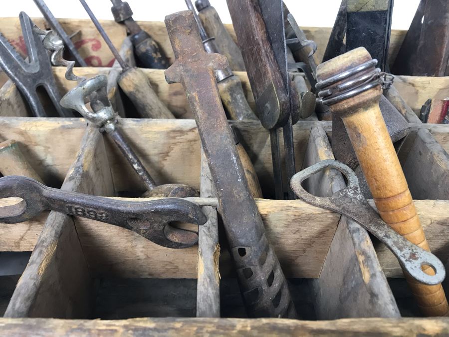 Vintage Coca-Cola Bottle Carrying Crate Filled With Various Vintage Tools, Pair Of Metal Match Box Holders, Pair Of Hand Wrought Cowbells - See Photos [Photo 18]