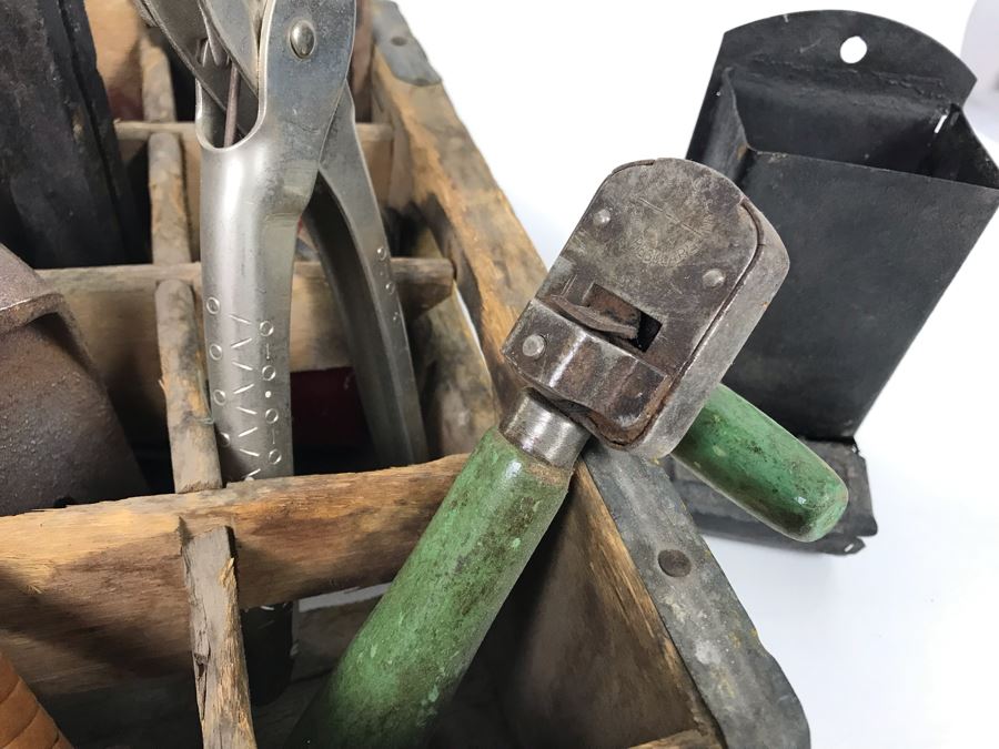 Vintage Coca-Cola Bottle Carrying Crate Filled With Various Vintage Tools, Pair Of Metal Match Box Holders, Pair Of Hand Wrought Cowbells - See Photos [Photo 16]