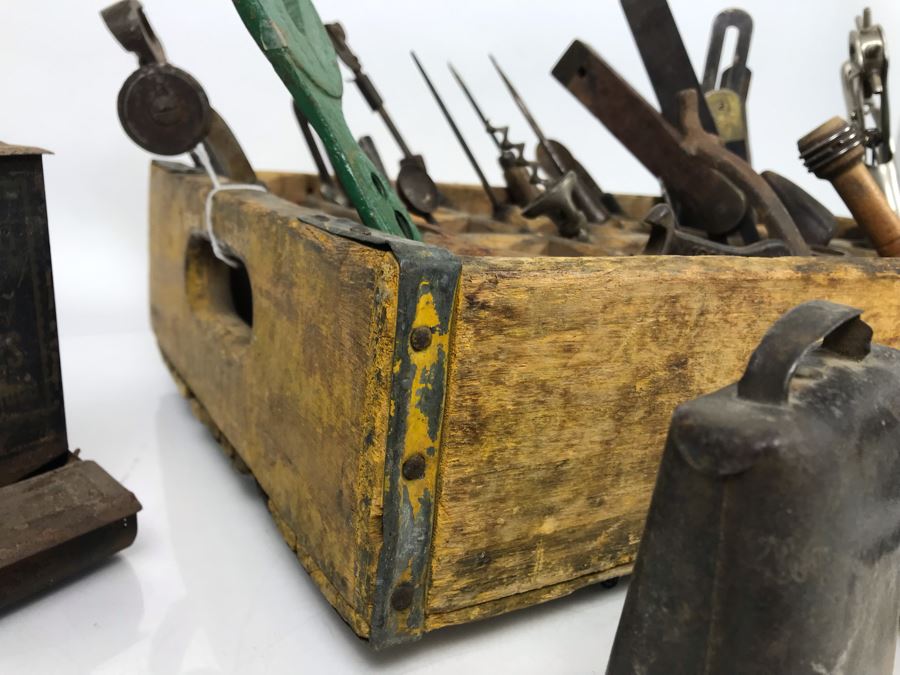 Vintage Coca-Cola Bottle Carrying Crate Filled With Various Vintage Tools, Pair Of Metal Match Box Holders, Pair Of Hand Wrought Cowbells - See Photos [Photo 31]