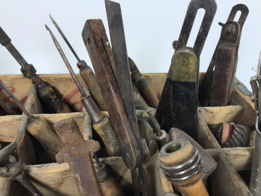 Vintage Coca-Cola Bottle Carrying Crate Filled With Various Vintage Tools, Pair Of Metal Match Box Holders, Pair Of Hand Wrought Cowbells - See Photos [Photo 22]