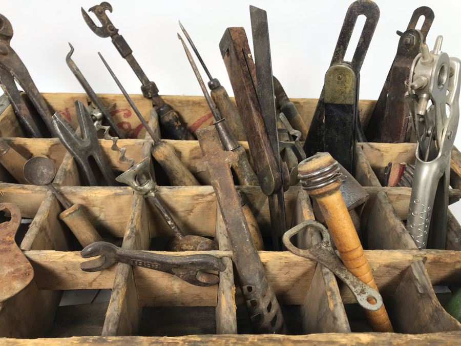 Vintage Coca-Cola Bottle Carrying Crate Filled With Various Vintage Tools, Pair Of Metal Match Box Holders, Pair Of Hand Wrought Cowbells - See Photos [Photo 5]