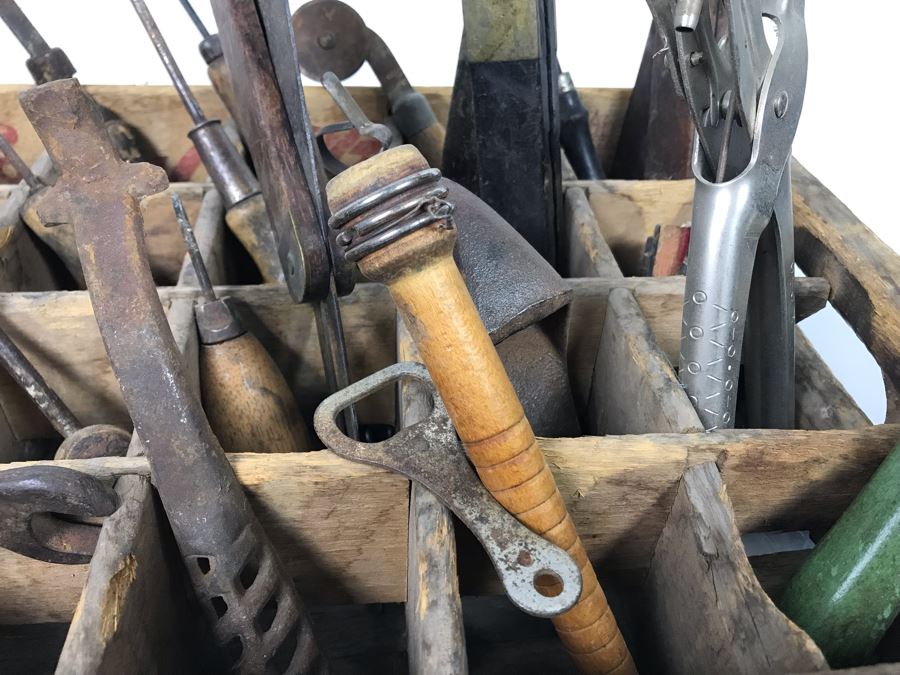 Vintage Coca-Cola Bottle Carrying Crate Filled With Various Vintage Tools, Pair Of Metal Match Box Holders, Pair Of Hand Wrought Cowbells - See Photos [Photo 17]