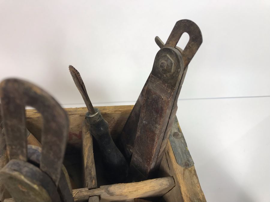 Vintage Coca-Cola Bottle Carrying Crate Filled With Various Vintage Tools, Pair Of Metal Match Box Holders, Pair Of Hand Wrought Cowbells - See Photos [Photo 24]