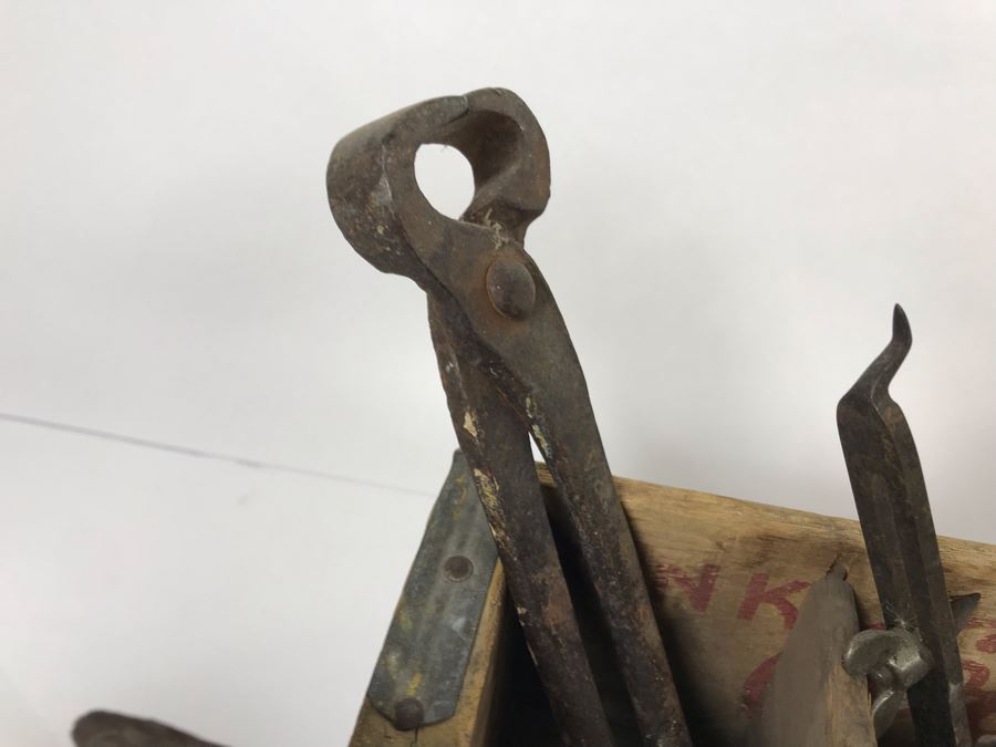 Vintage Coca-Cola Bottle Carrying Crate Filled With Various Vintage Tools, Pair Of Metal Match Box Holders, Pair Of Hand Wrought Cowbells - See Photos [Photo 28]