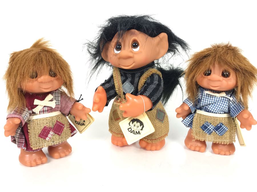 (3) Vintage DAM Troll Dolls By Thomas Dam From Denmark Troll Company (1) 9'H (2) 7'H