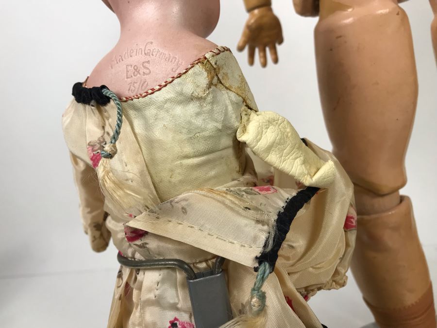 Vintage 24' Armand Marseille German Doll With Stand (C), Armand Marseille German Doll Head (R), E&S German Doll With Stand W/O Arms (L), Heubach Koppelsdorf German Doll Head (C) [Photo 21]