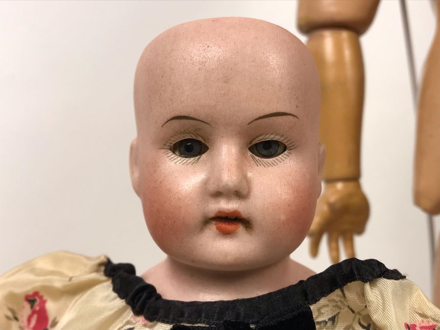 Vintage 24' Armand Marseille German Doll With Stand (C), Armand Marseille German Doll Head (R), E&S German Doll With Stand W/O Arms (L), Heubach Koppelsdorf German Doll Head (C) [Photo 16]