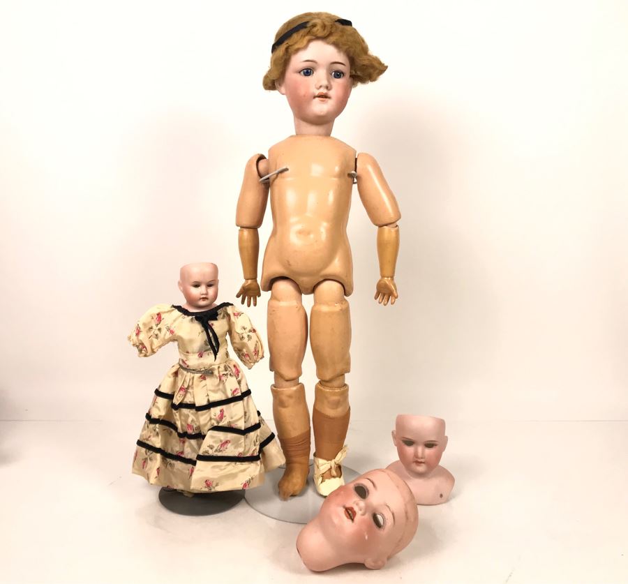 Vintage 24' Armand Marseille German Doll With Stand (C), Armand Marseille German Doll Head (R), E&S German Doll With Stand W/O Arms (L), Heubach Koppelsdorf German Doll Head (C) [Photo 3]