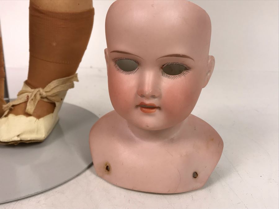 Vintage 24' Armand Marseille German Doll With Stand (C), Armand Marseille German Doll Head (R), E&S German Doll With Stand W/O Arms (L), Heubach Koppelsdorf German Doll Head (C) [Photo 27]