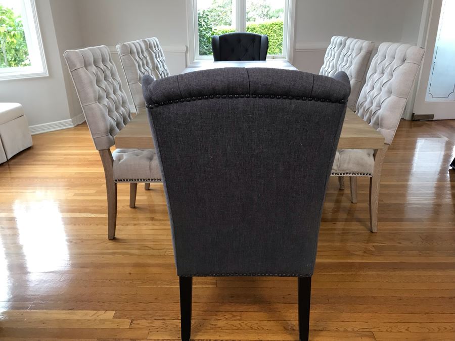 Orient Express Traditions Wooden Hudson Ext Dining Table With (6) Tufted Dining Chairs And (2) Blue Wingback Tufted Chairs 110.5L X 39.5W X 30.5H (W/O Leaves 62.5L) - See Photos [Photo 3]