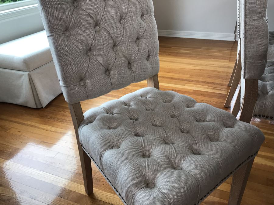 Orient Express Traditions Wooden Hudson Ext Dining Table With (6) Tufted Dining Chairs And (2) Blue Wingback Tufted Chairs 110.5L X 39.5W X 30.5H (W/O Leaves 62.5L) - See Photos [Photo 7]