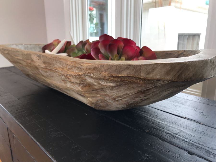 Carved Wooden Dough Bowl Centerpiece Filled With Faux Plants And Seashells And Glass Float 31 X 15 [Photo 7]