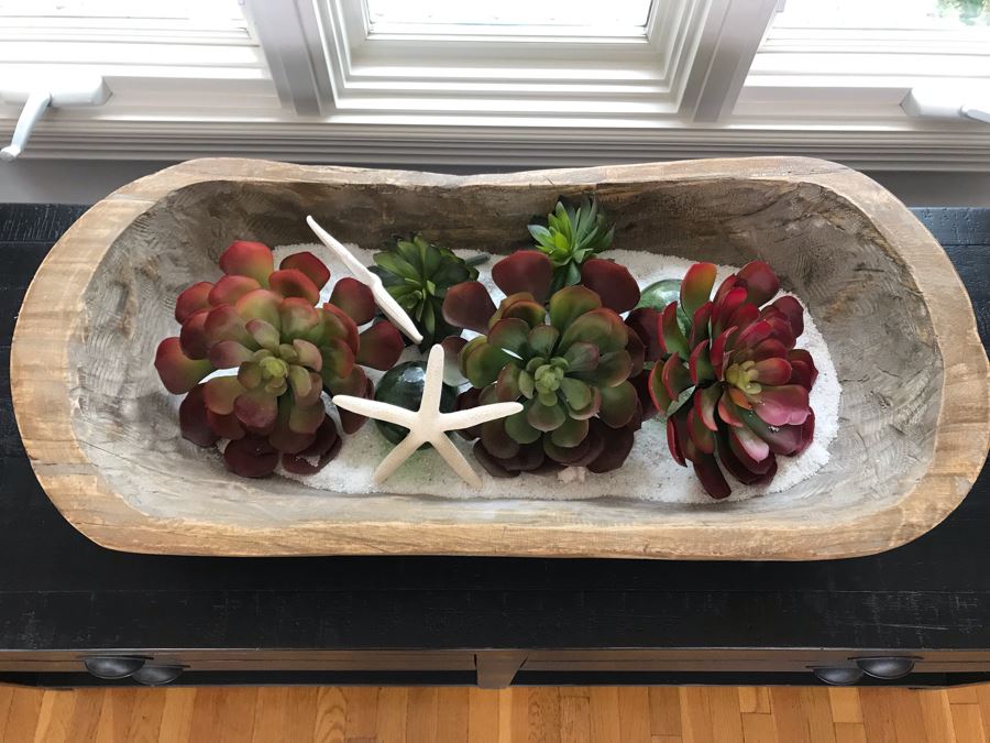 Carved Wooden Dough Bowl Centerpiece Filled With Faux Plants And Seashells And Glass Float 31 X 15 [Photo 3]