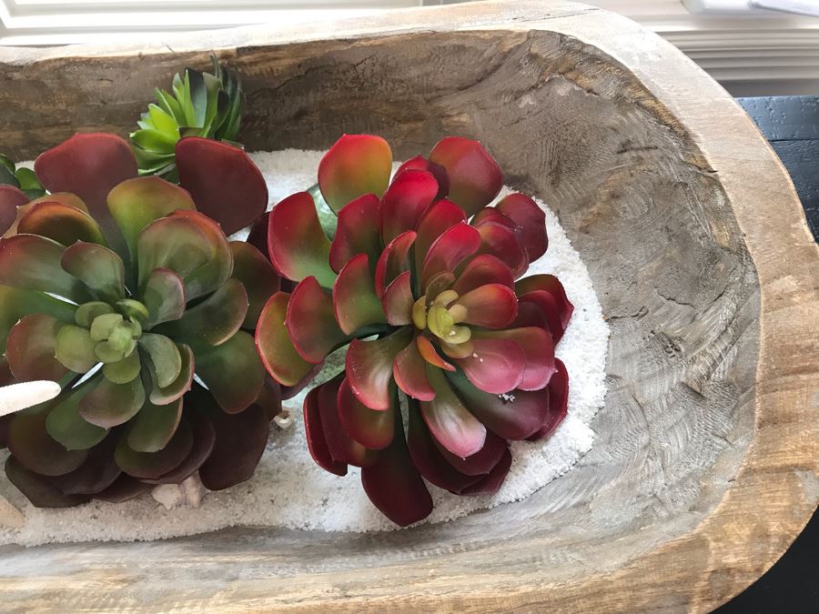 Carved Wooden Dough Bowl Centerpiece Filled With Faux Plants And Seashells And Glass Float 31 X 15 [Photo 6]