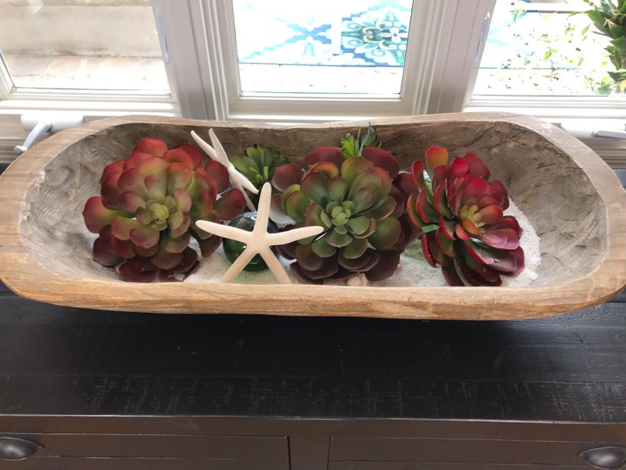 Carved Wooden Dough Bowl Centerpiece Filled With Faux Plants And Seashells And Glass Float 31 X 15 [Photo 2]