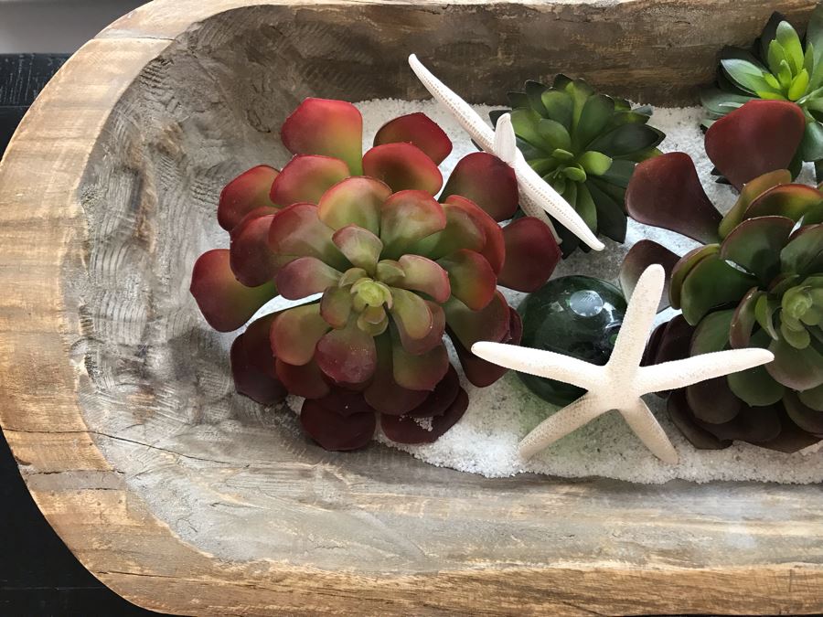 Carved Wooden Dough Bowl Centerpiece Filled With Faux Plants And Seashells And Glass Float 31 X 15 [Photo 4]