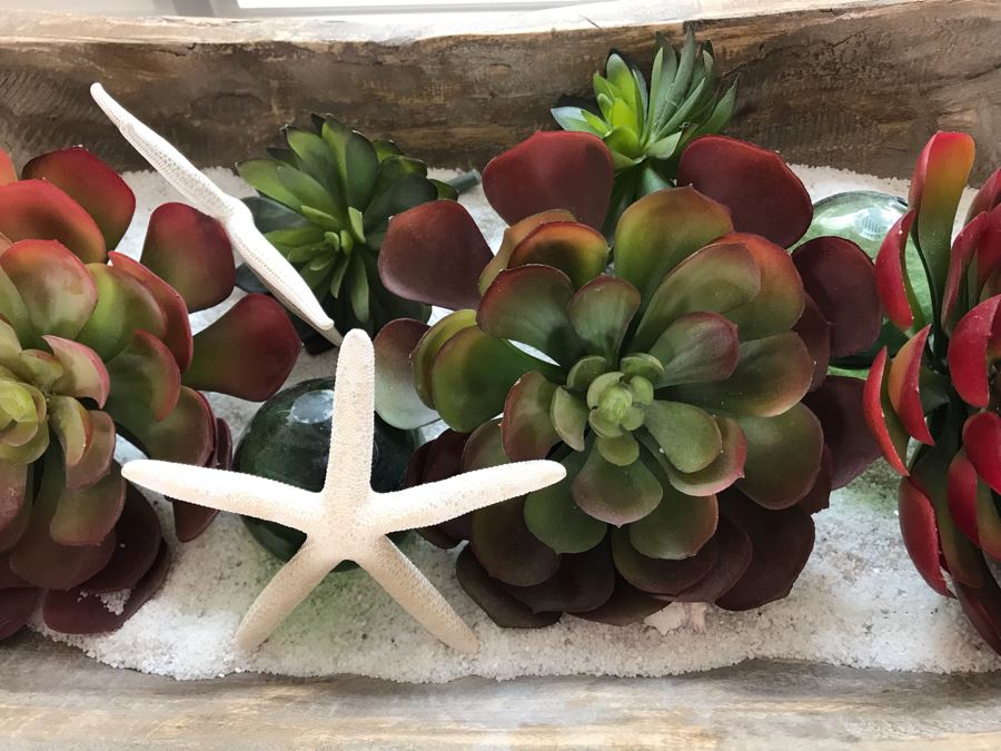 Carved Wooden Dough Bowl Centerpiece Filled With Faux Plants And Seashells And Glass Float 31 X 15 [Photo 5]