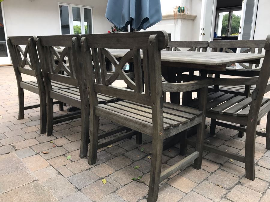Large Outdoor Wooden Dining Table With (8) Wooden Outdoor Armchairs And Umbrella Manufacturer Unknown 90.5L X 39W X 29H [Photo 6]