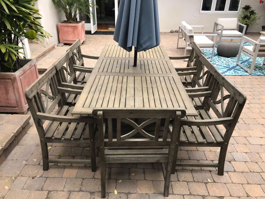 Large Outdoor Wooden Dining Table With (8) Wooden Outdoor Armchairs And