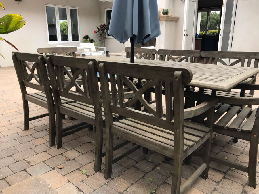Large Outdoor Wooden Dining Table With (8) Wooden Outdoor Armchairs And Umbrella Manufacturer Unknown 90.5L X 39W X 29H [Photo 8]