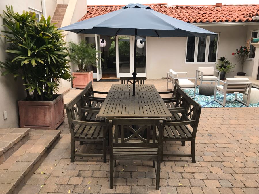 Large Outdoor Wooden Dining Table With (8) Wooden Outdoor Armchairs And Umbrella Manufacturer Unknown 90.5L X 39W X 29H [Photo 10]