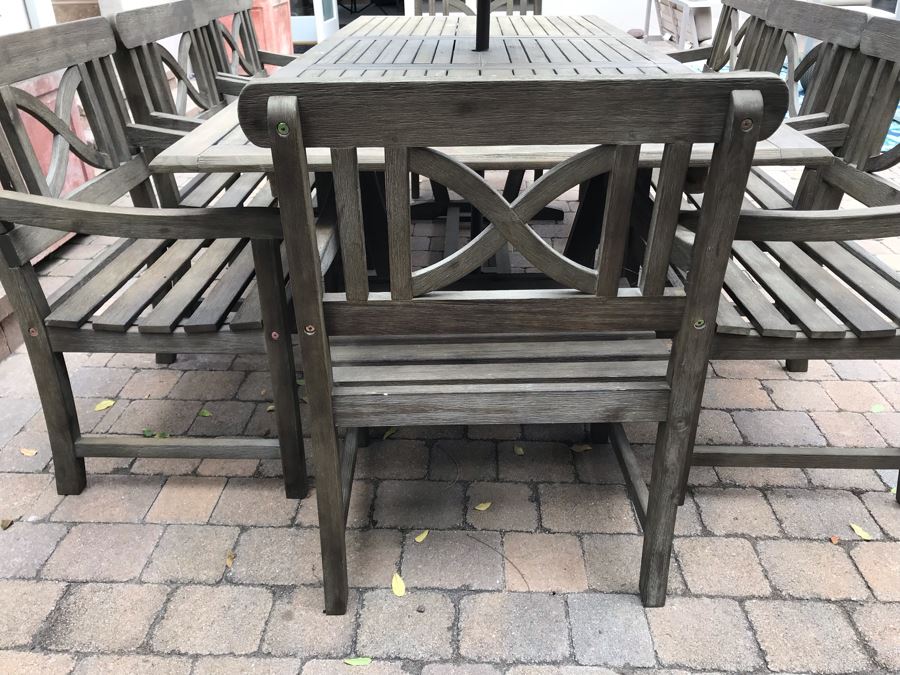 Large Outdoor Wooden Dining Table With (8) Wooden Outdoor Armchairs And Umbrella Manufacturer Unknown 90.5L X 39W X 29H [Photo 5]