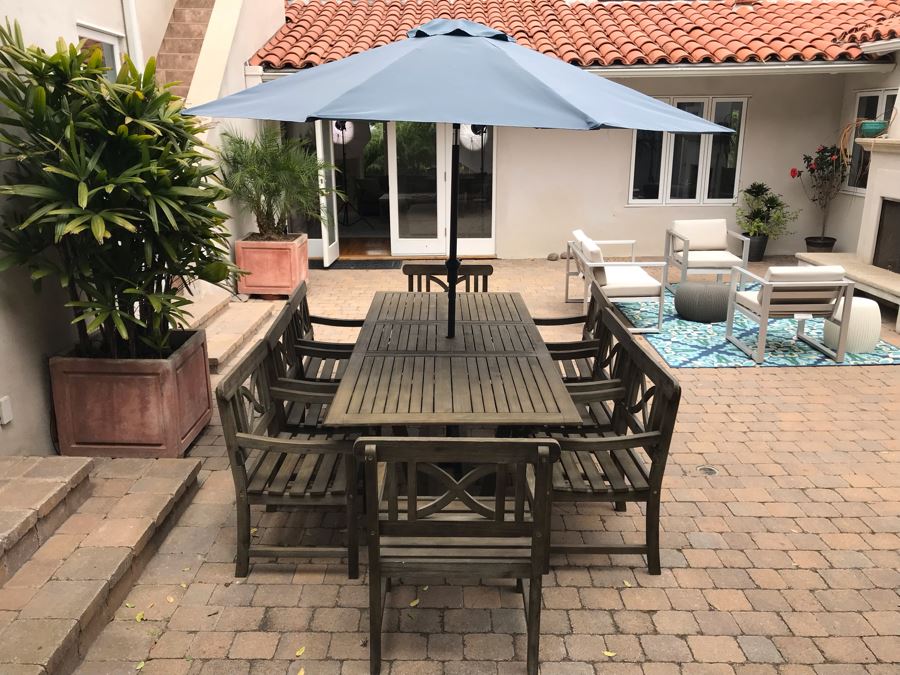 Large Outdoor Wooden Dining Table With (8) Wooden Outdoor Armchairs And Umbrella Manufacturer Unknown 90.5L X 39W X 29H [Photo 2]