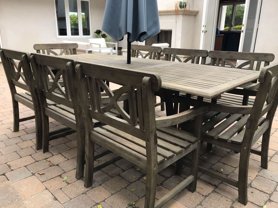 Large Outdoor Wooden Dining Table With (8) Wooden Outdoor Armchairs And Umbrella Manufacturer Unknown 90.5L X 39W X 29H [Photo 7]