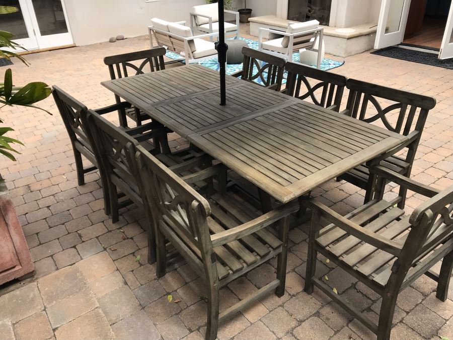 Large Outdoor Wooden Dining Table With (8) Wooden Outdoor Armchairs And Umbrella Manufacturer Unknown 90.5L X 39W X 29H [Photo 13]