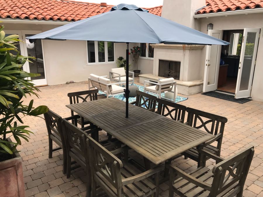 Large Outdoor Wooden Dining Table With (8) Wooden Outdoor Armchairs And Umbrella Manufacturer Unknown 90.5L X 39W X 29H [Photo 12]