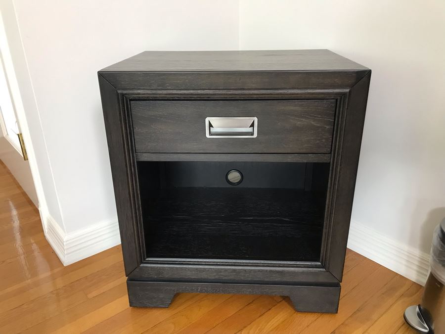 Pair Of Aspenhome Front Street Black Wooden Nightstands With Metal Pulls 22W X 16.5D X 22.5H Retails For $1,140 [Photo 7]