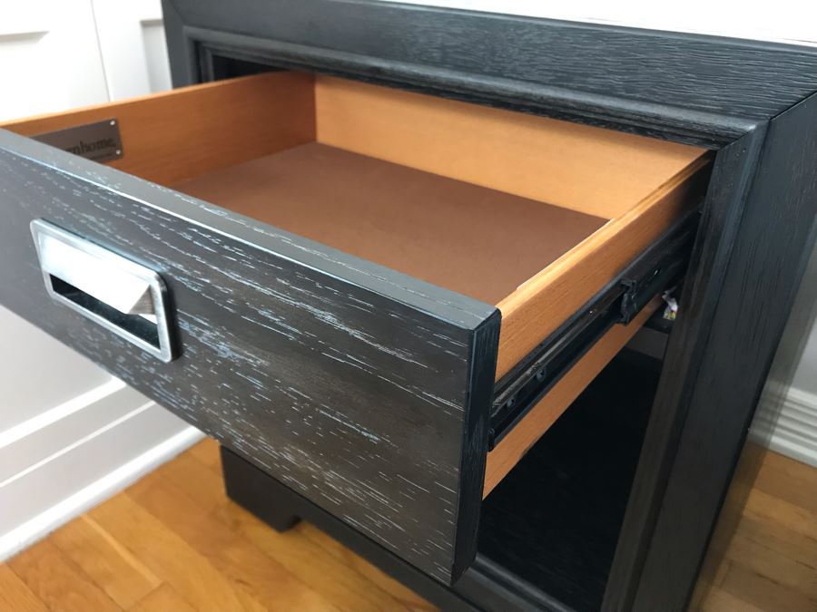 Pair Of Aspenhome Front Street Black Wooden Nightstands With Metal Pulls 22W X 16.5D X 22.5H Retails For $1,140 [Photo 6]