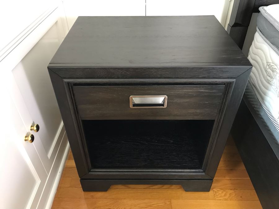 Pair Of Aspenhome Front Street Black Wooden Nightstands With Metal Pulls 22W X 16.5D X 22.5H Retails For $1,140 [Photo 2]