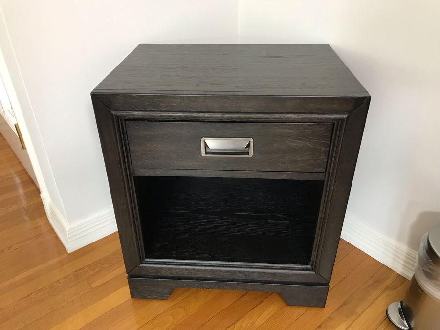Pair Of Aspenhome Front Street Black Wooden Nightstands With Metal Pulls 22W X 16.5D X 22.5H Retails For $1,140 [Photo 8]
