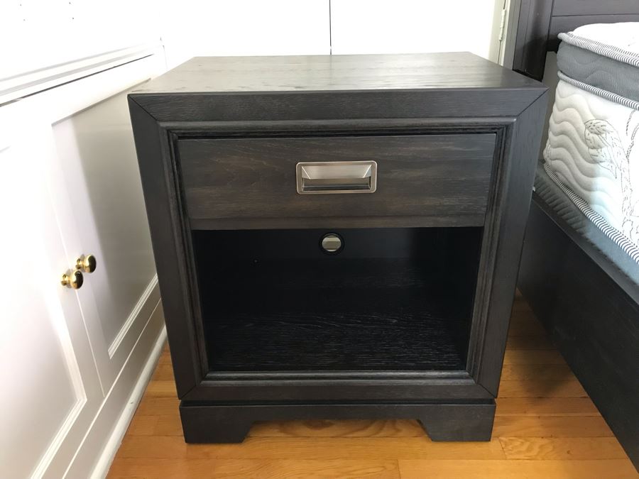 Pair Of Aspenhome Front Street Black Wooden Nightstands With Metal Pulls 22W X 16.5D X 22.5H Retails For $1,140 [Photo 3]